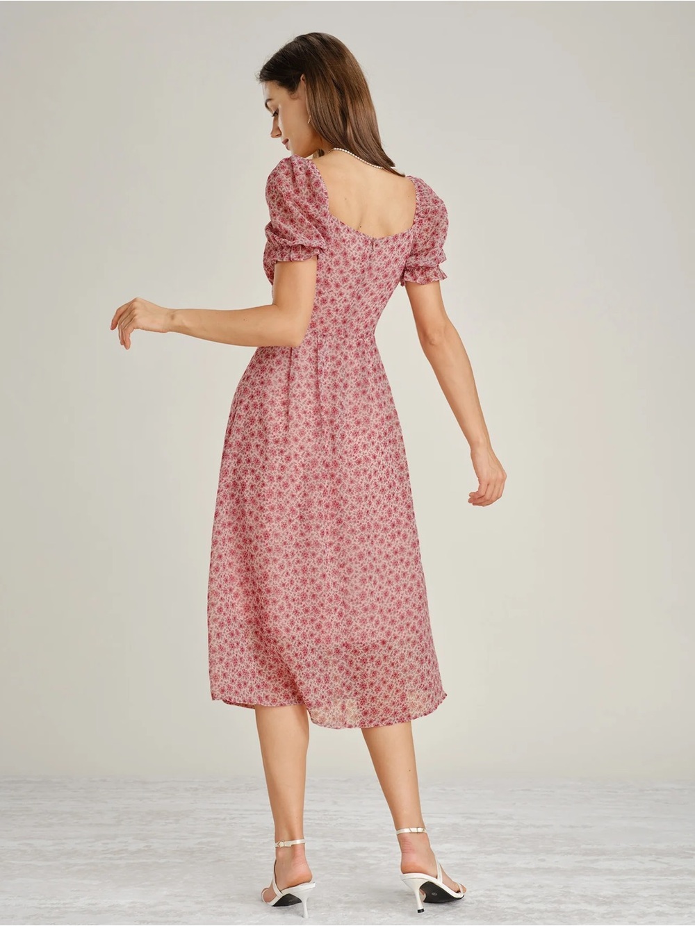 Rihoas Pink Square Neck Floral Chiffon Midi Dress - Picture 7 of 8